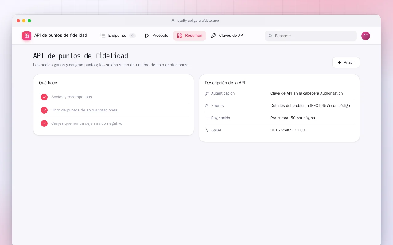 API de puntos de fidelidad (Go): la pantalla API de puntos de fidelidad