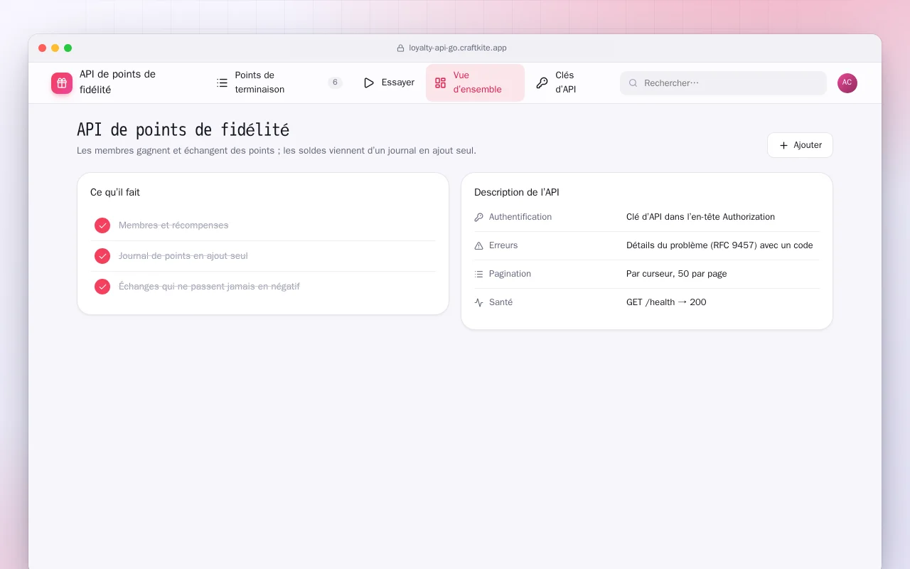API de points de fidélité (Go) : l’écran API de points de fidélité