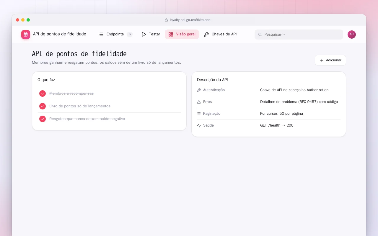 API de pontos de fidelidade (Go): a tela API de pontos de fidelidade