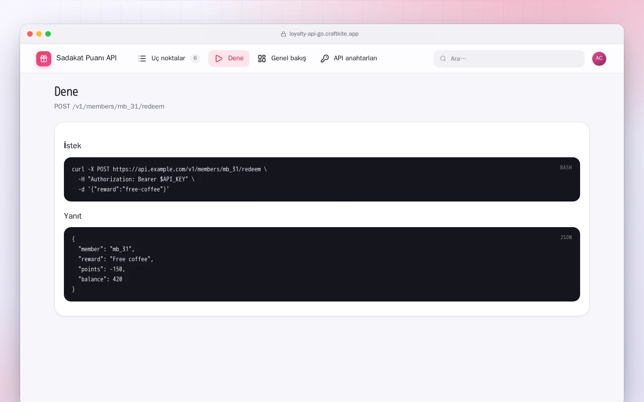 Sadakat Puanı API (Go): Dene ekranı