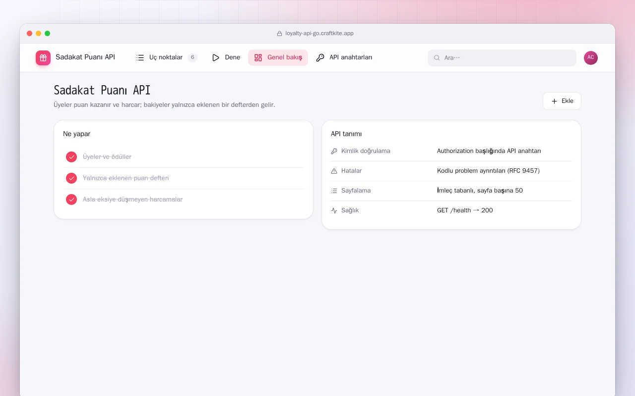 Sadakat Puanı API (Go): Sadakat Puanı API ekranı