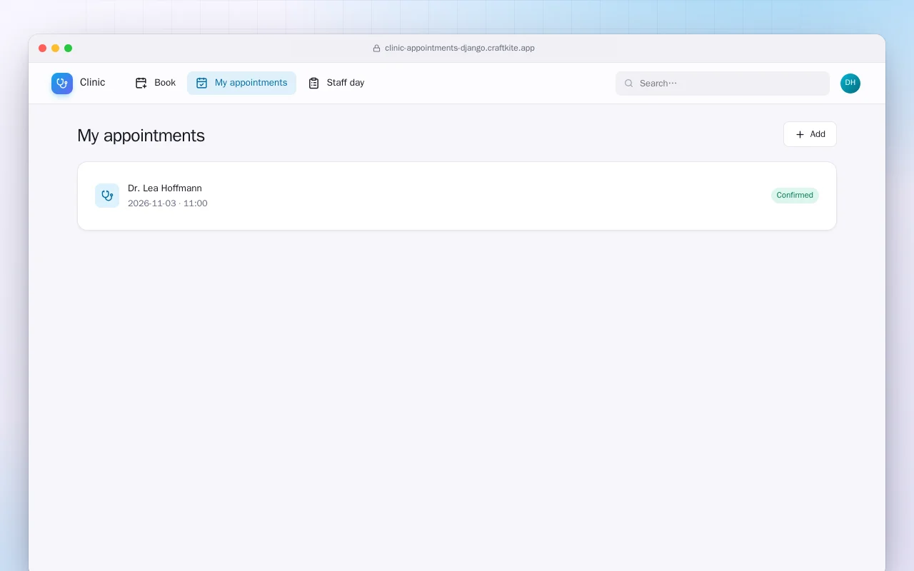 Clinic Appointments (Django): the My appointments screen