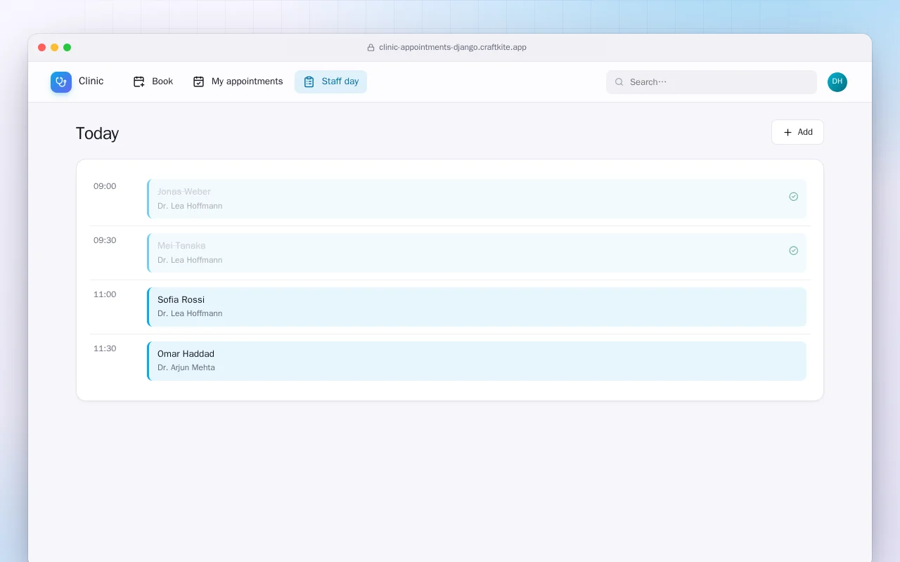 Clinic Appointments (Django): the Today screen