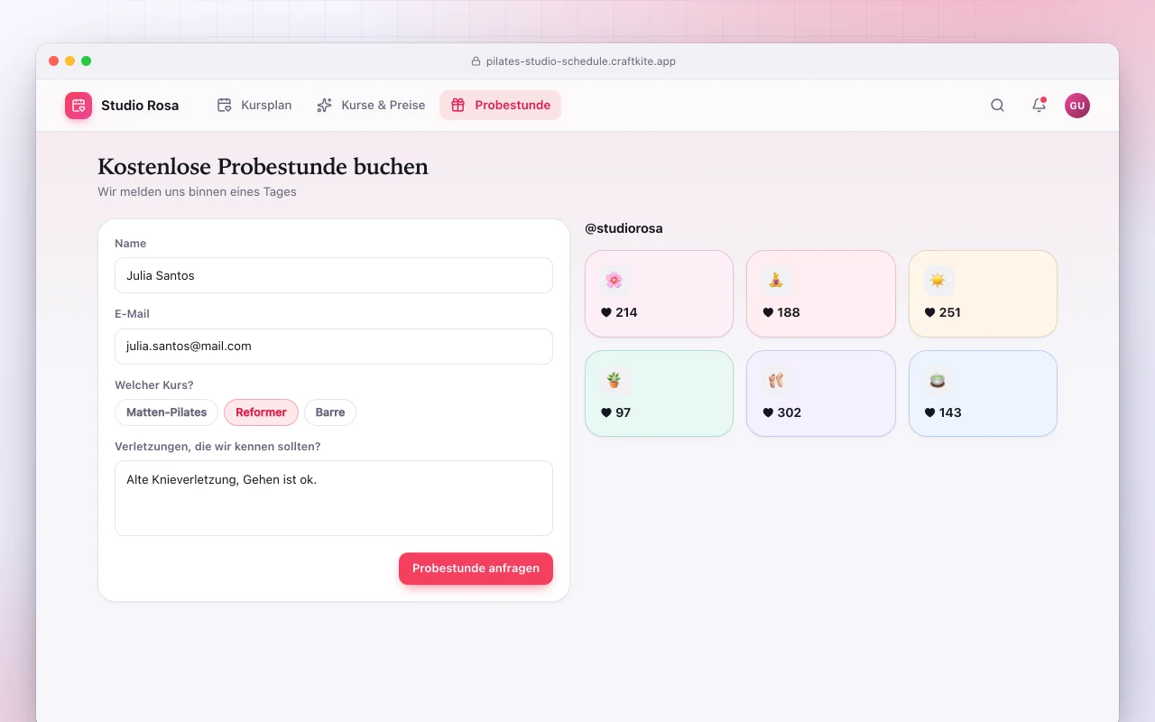 Boutique-Studio-Website: der Bildschirm „Kostenlose Probestunde buchen“
