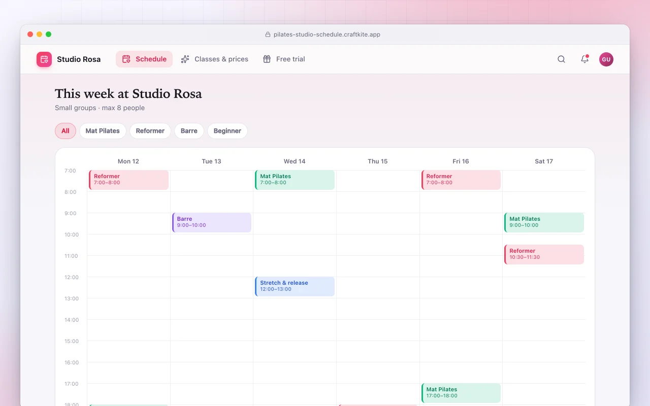 Boutique studio website: the This week at Studio Rosa screen