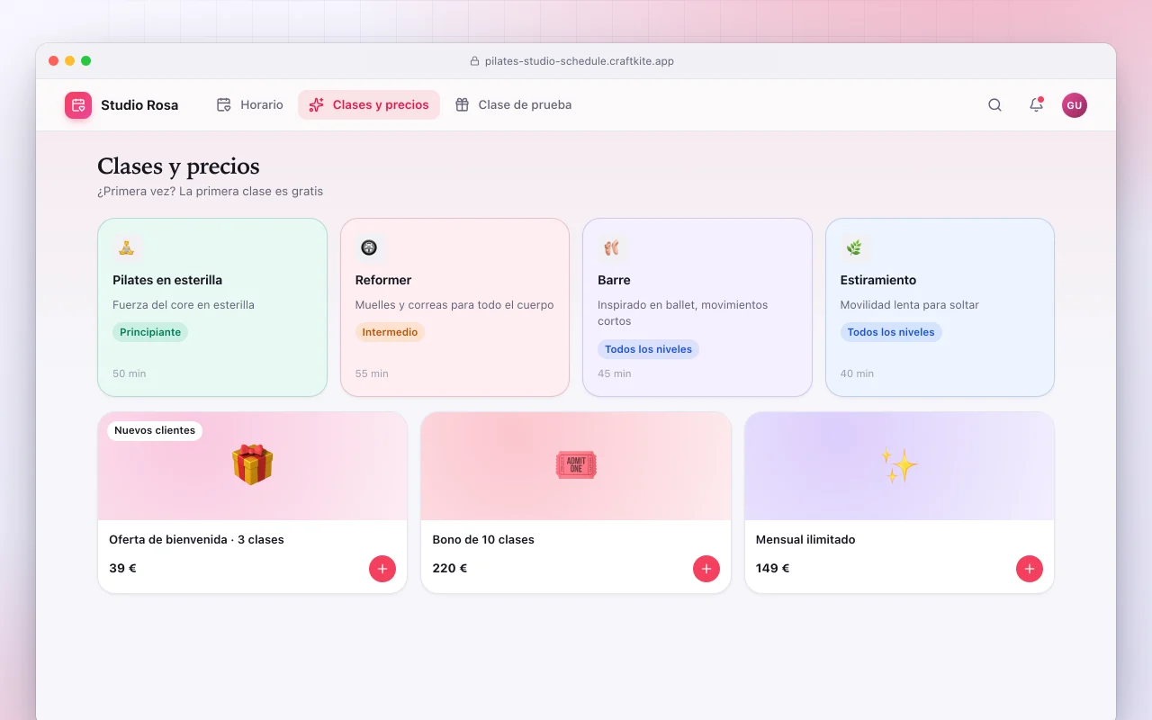 Sitio web de estudio boutique: la pantalla Clases y precios
