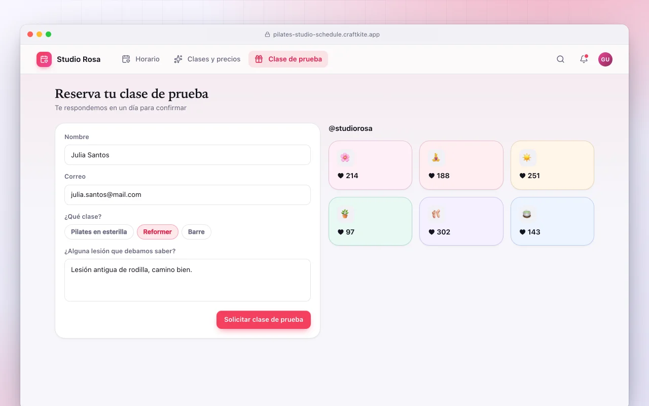 Sitio web de estudio boutique: la pantalla Reserva tu clase de prueba