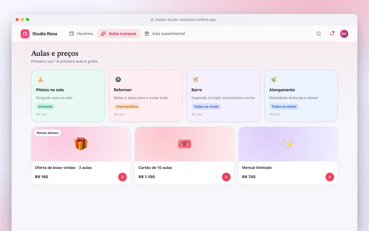 Site de estúdio boutique: a tela Aulas e preços