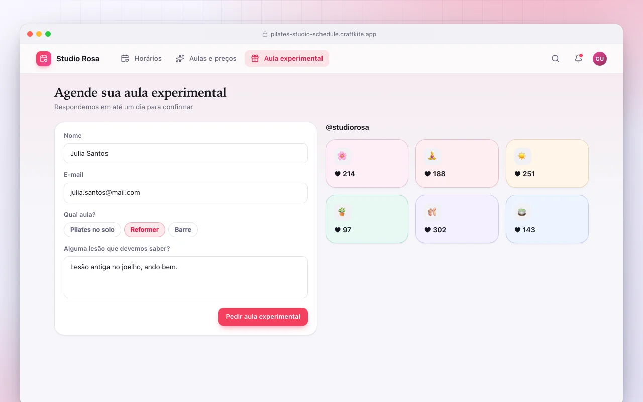 Site de estúdio boutique: a tela Agende sua aula experimental