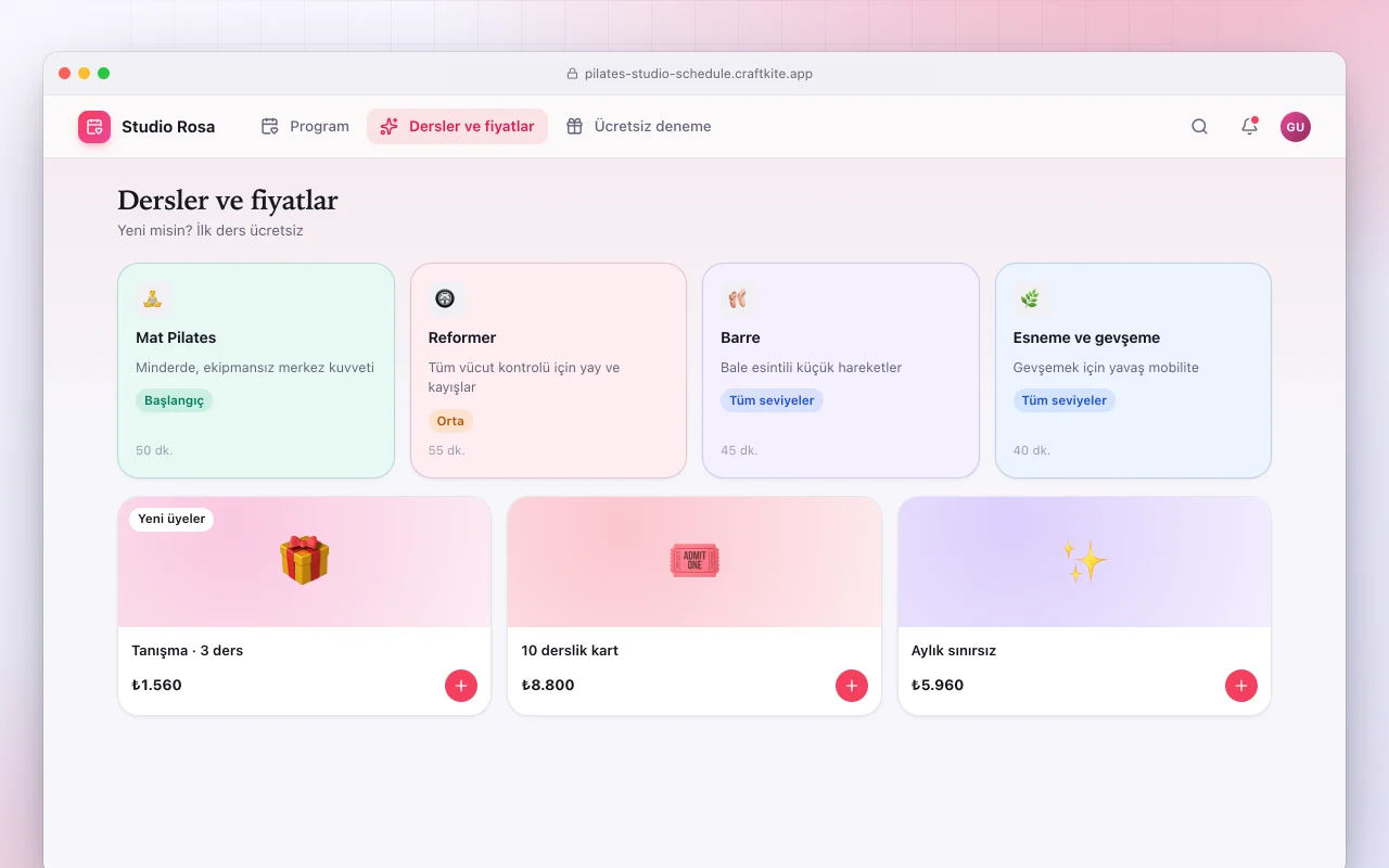 Butik stüdyo web sitesi: Dersler ve fiyatlar ekranı