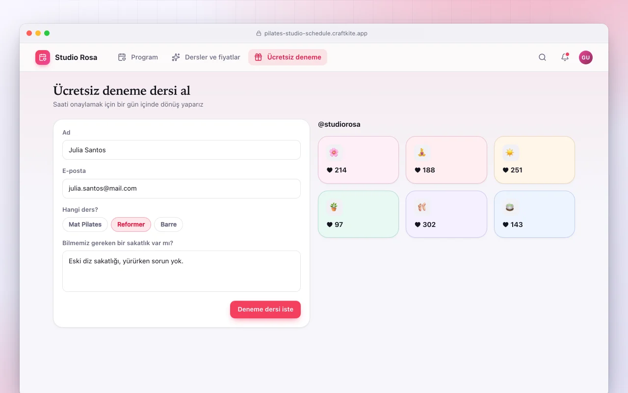 Butik stüdyo web sitesi: Ücretsiz deneme dersi al ekranı