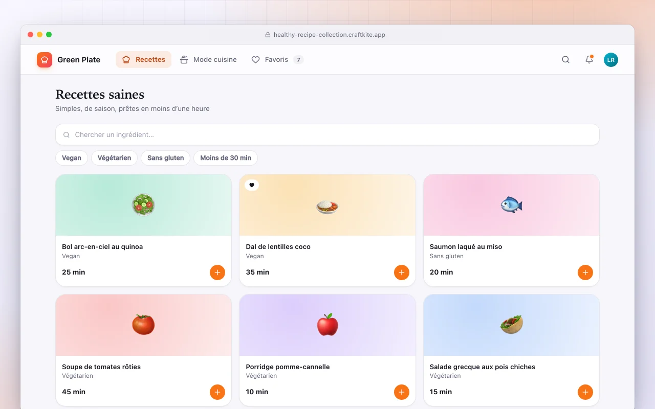 Collection de recettes saines : l’écran Recettes saines