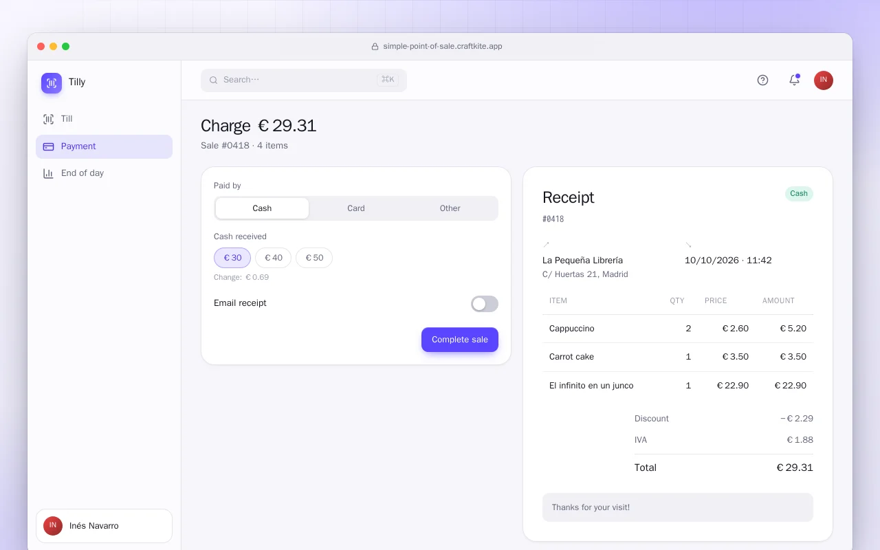 Simple point of sale: the Charge €29.31 screen