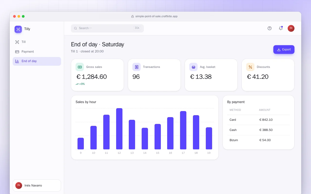 Simple point of sale: the End of day · Saturday screen