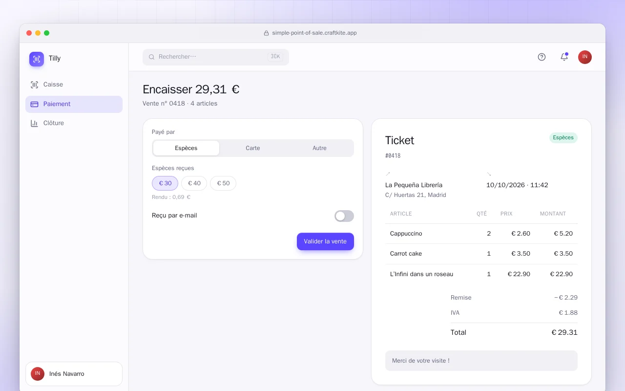 Caisse enregistreuse simple : l’écran Encaisser 29,31 €