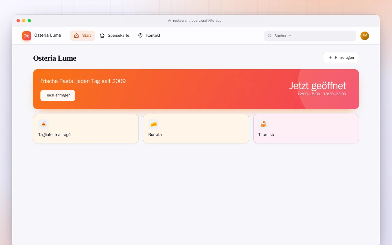 Restaurant-Website (HTML): der Bildschirm „Osteria Lume“
