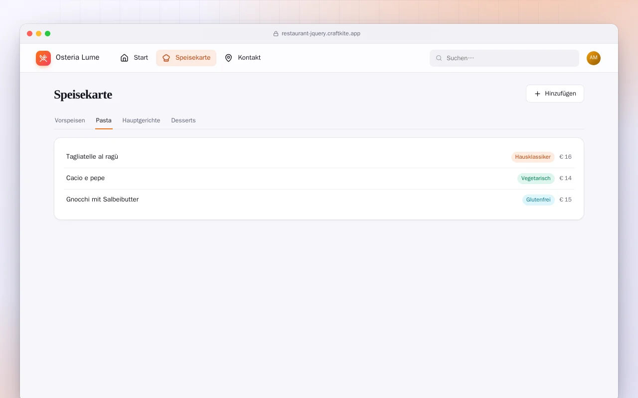 Restaurant-Website (HTML): der Bildschirm „Speisekarte“