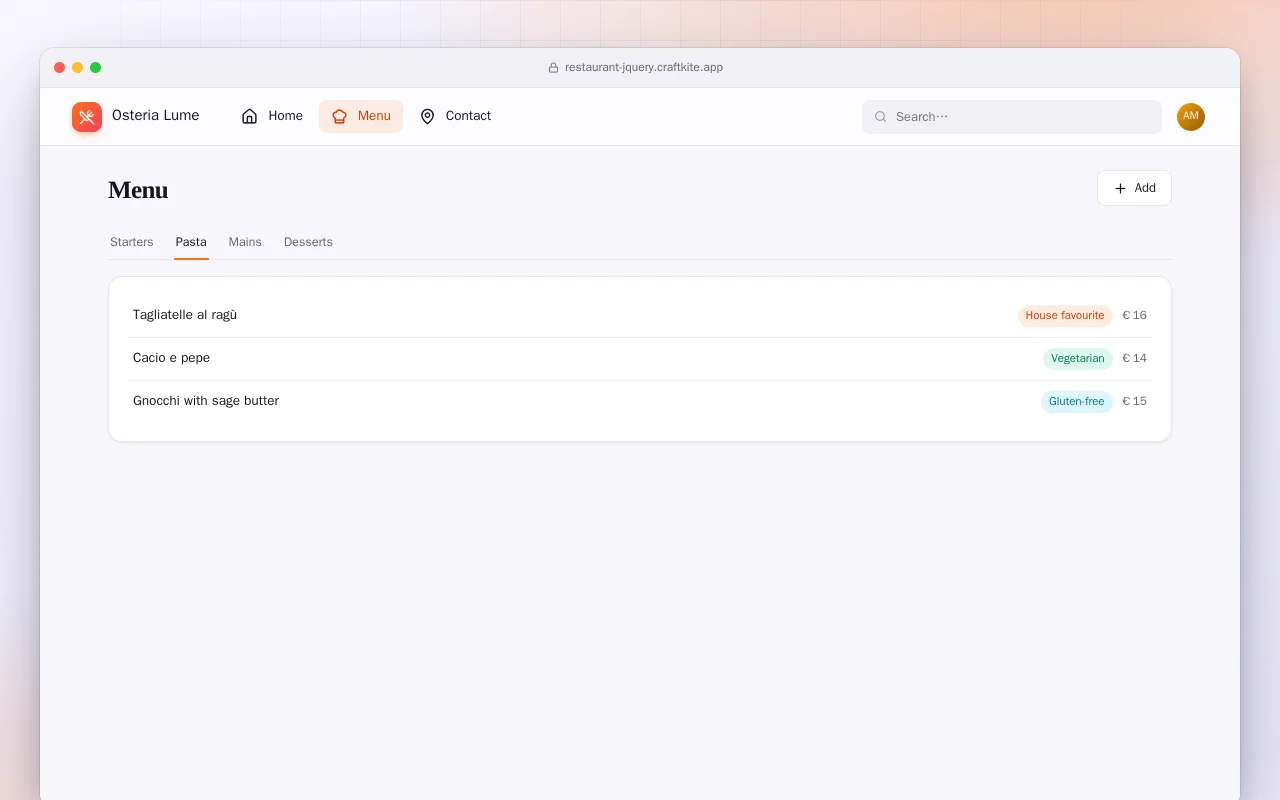Restaurant Website (HTML): the Menu screen