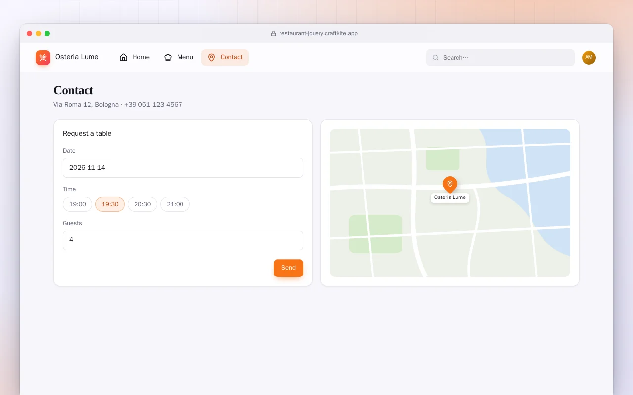 Restaurant Website (HTML): the Contact screen