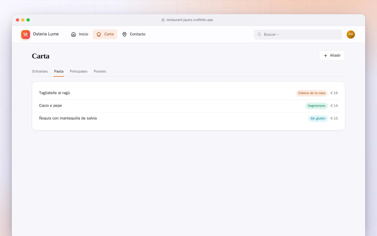 Web de restaurante (HTML): la pantalla Carta