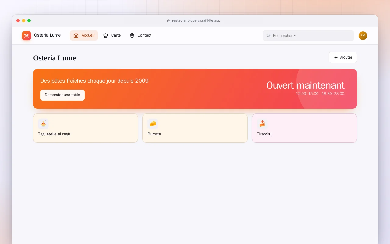 Site de restaurant (HTML) : l’écran Osteria Lume
