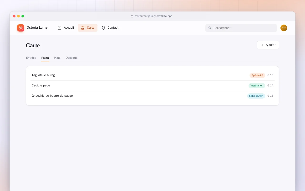 Site de restaurant (HTML) : l’écran Carte