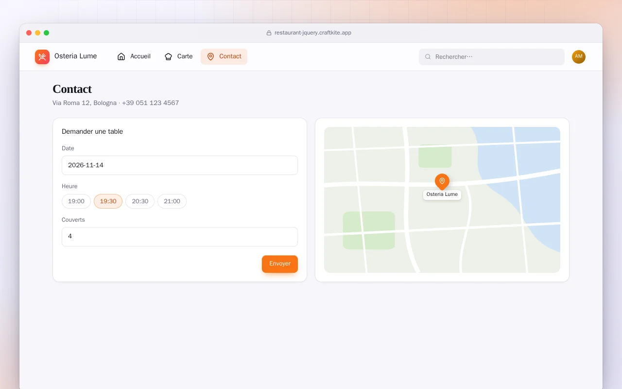 Site de restaurant (HTML) : l’écran Contact