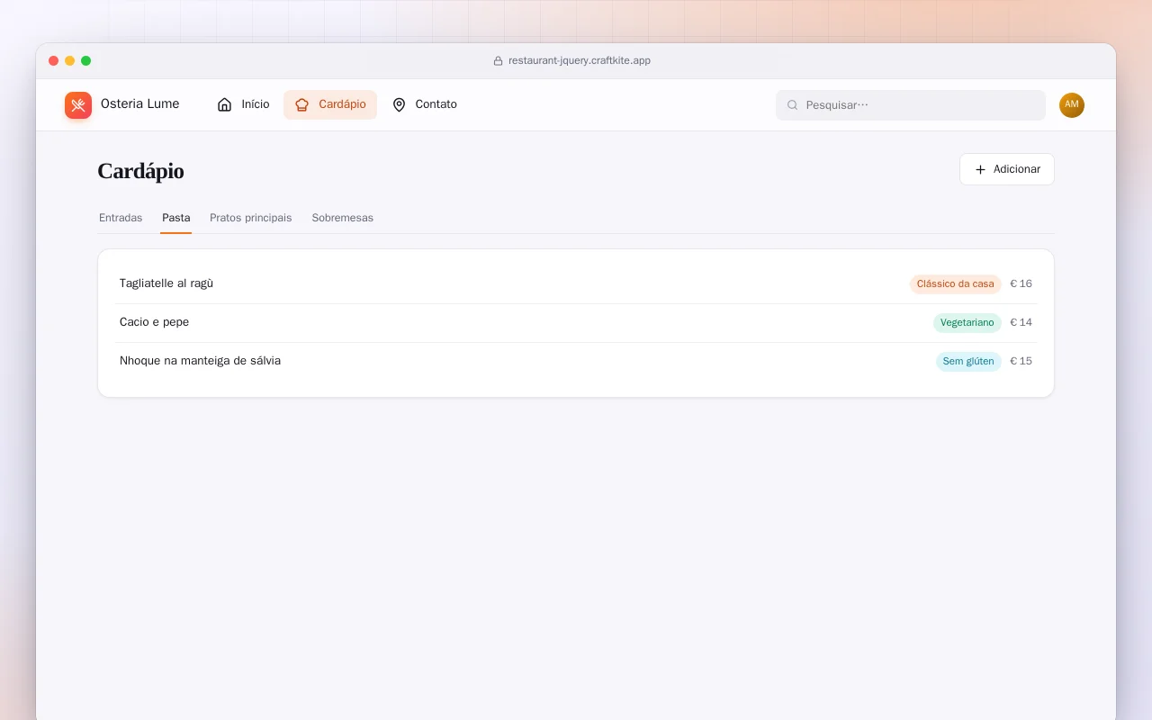 Site de restaurante (HTML): a tela Cardápio