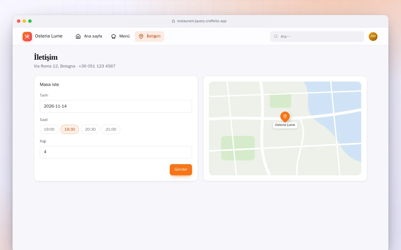 Restoran Web Sitesi (HTML): İletişim ekranı