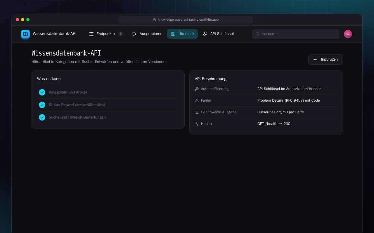 Wissensdatenbank-API (Spring Boot): der Bildschirm „Wissensdatenbank-API“
