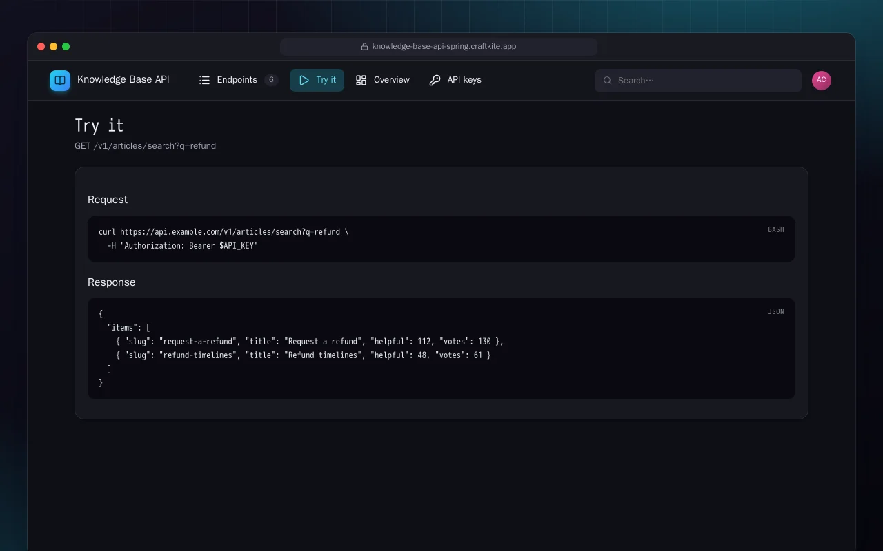 Knowledge Base API (Spring Boot): the Try it screen