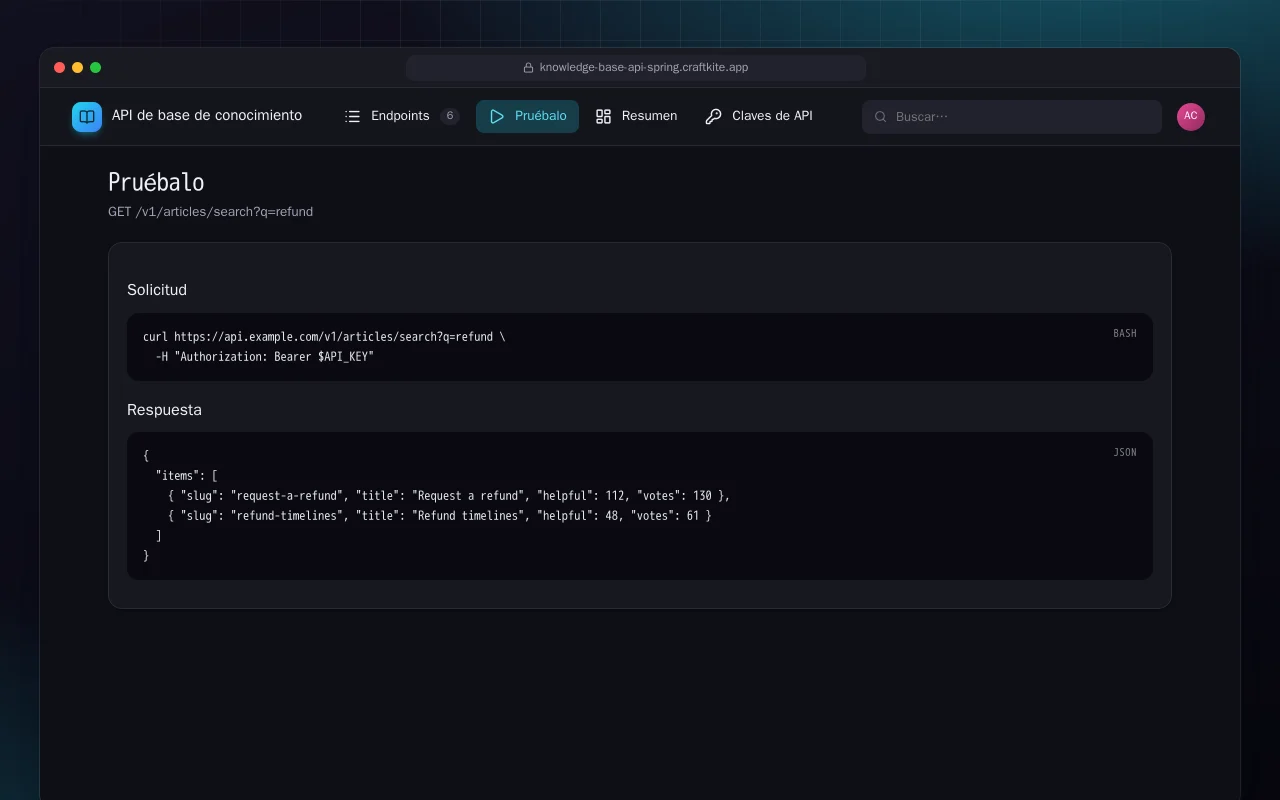 API de base de conocimiento (Spring Boot): la pantalla Pruébalo