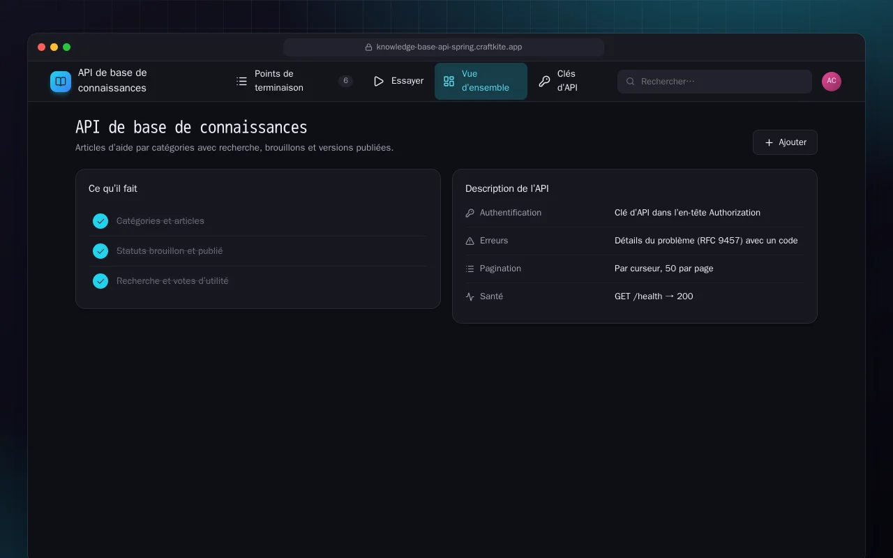 API de base de connaissances (Spring Boot) : l’écran API de base de connaissances