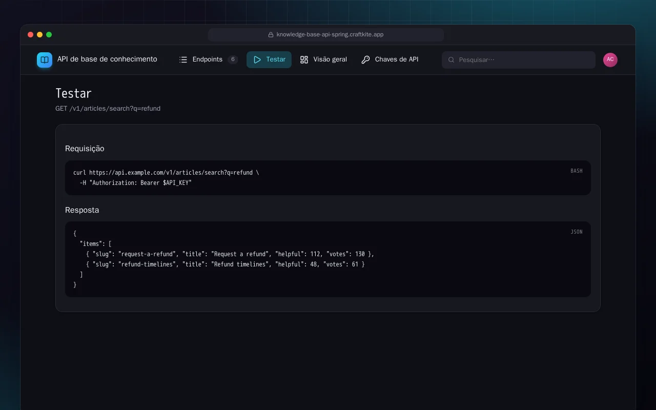 API de base de conhecimento (Spring Boot): a tela Testar