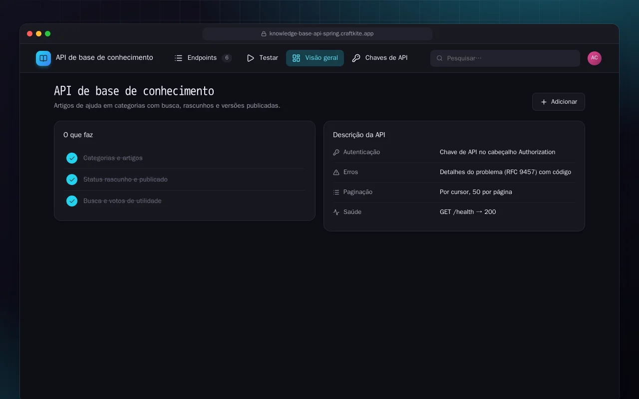 API de base de conhecimento (Spring Boot): a tela API de base de conhecimento