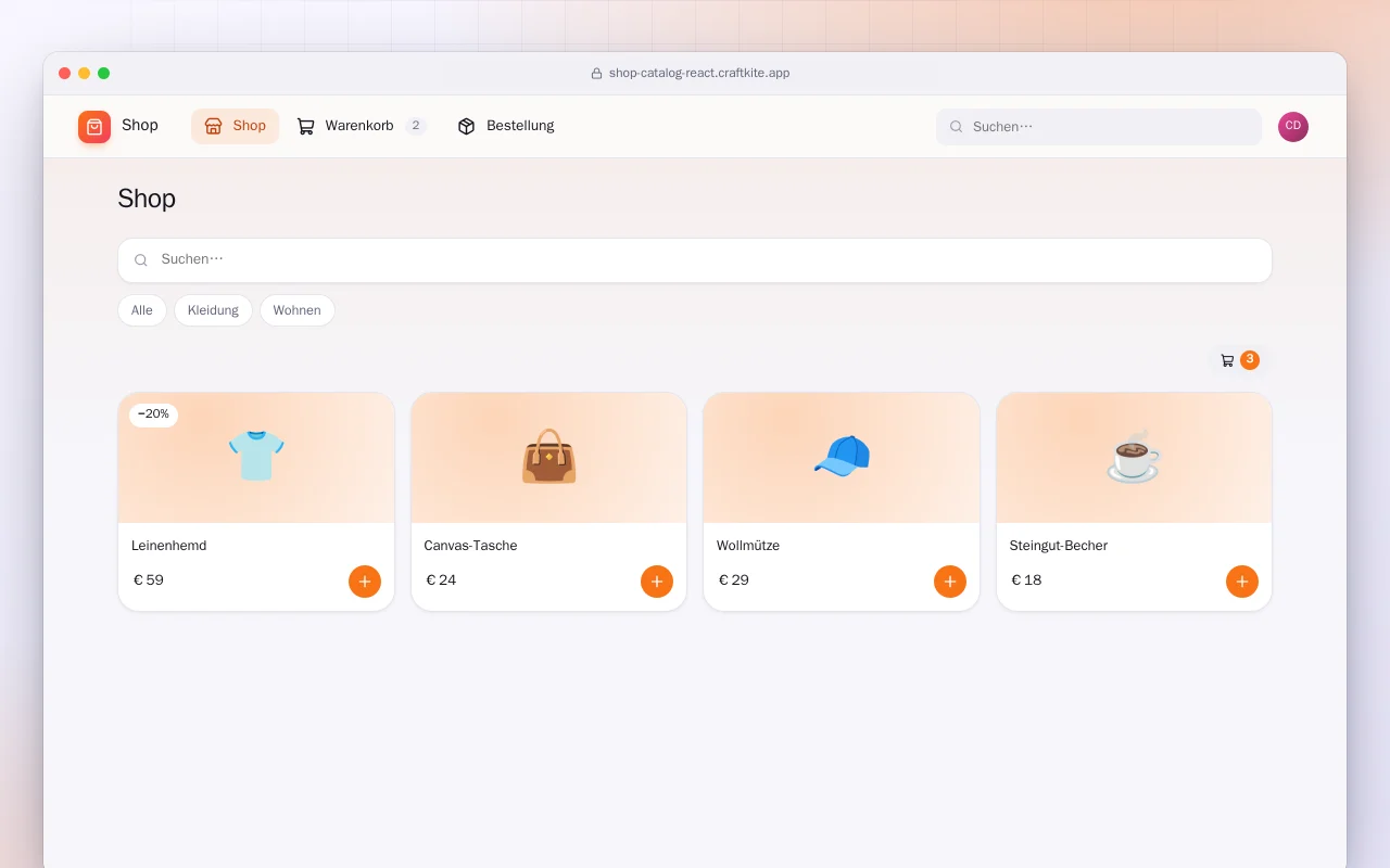 Shop-Katalog (React): der Bildschirm „Shop“