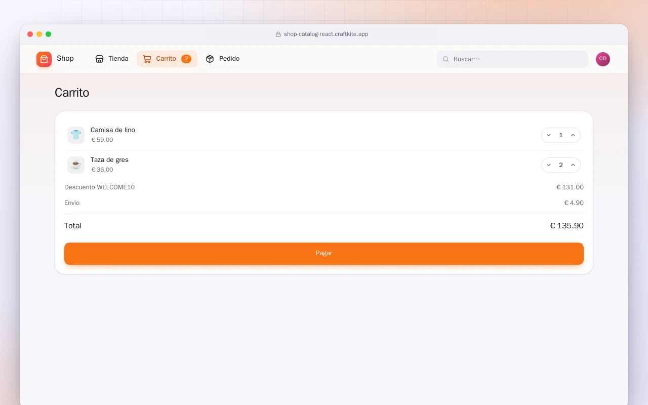 Catálogo de tienda (React): la pantalla Carrito