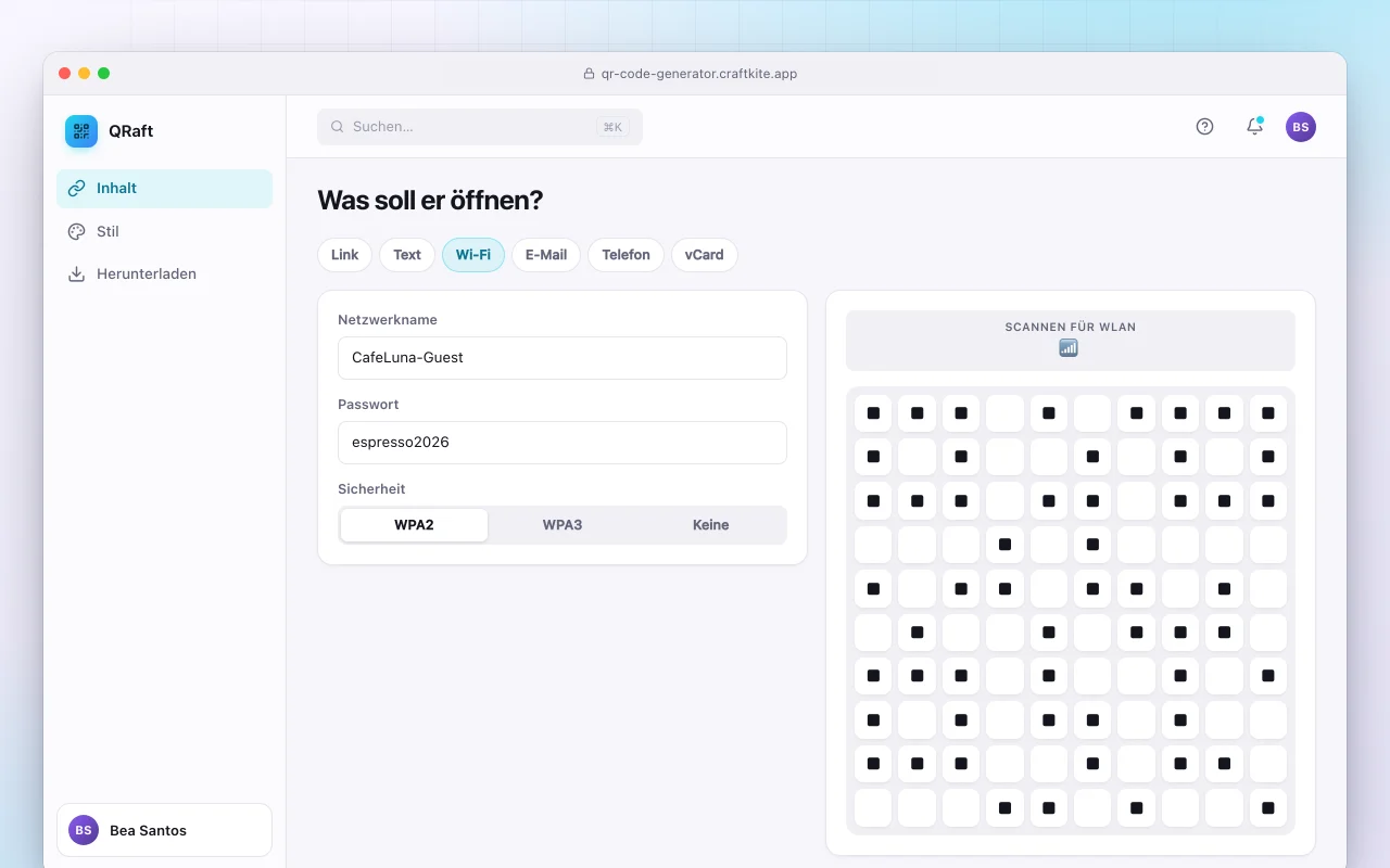 QR-Code-Generator: der Bildschirm „Was soll er öffnen?“