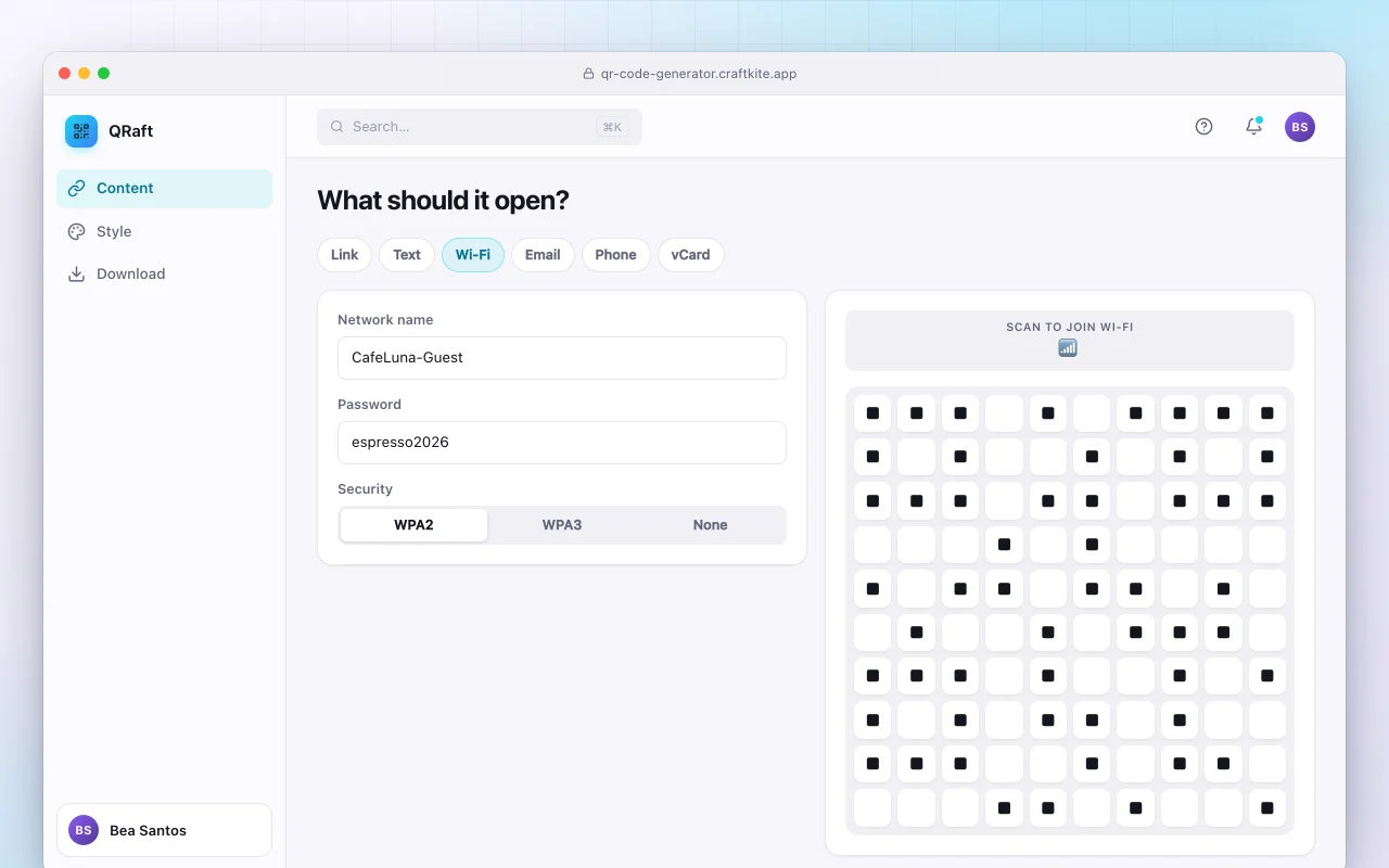QR code generator: the What should it open? screen