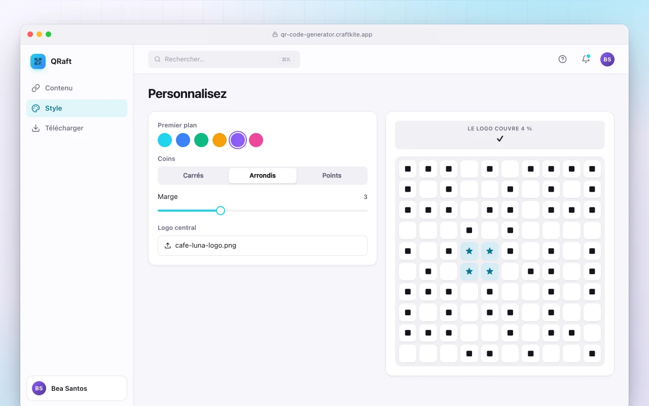 Générateur de codes QR : l’écran Personnalisez