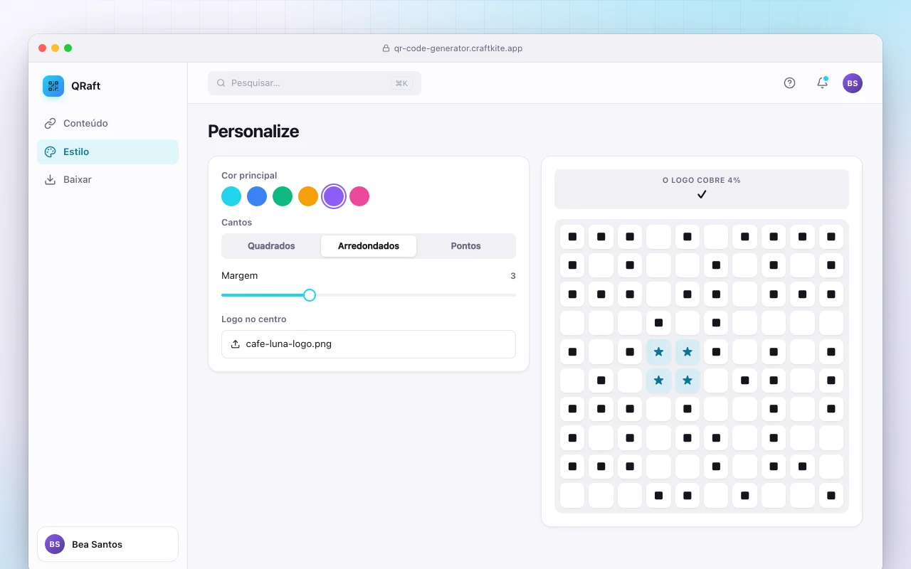 Gerador de QR code: a tela Personalize