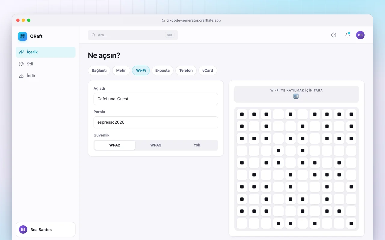 QR kod üretici: Ne açsın? ekranı