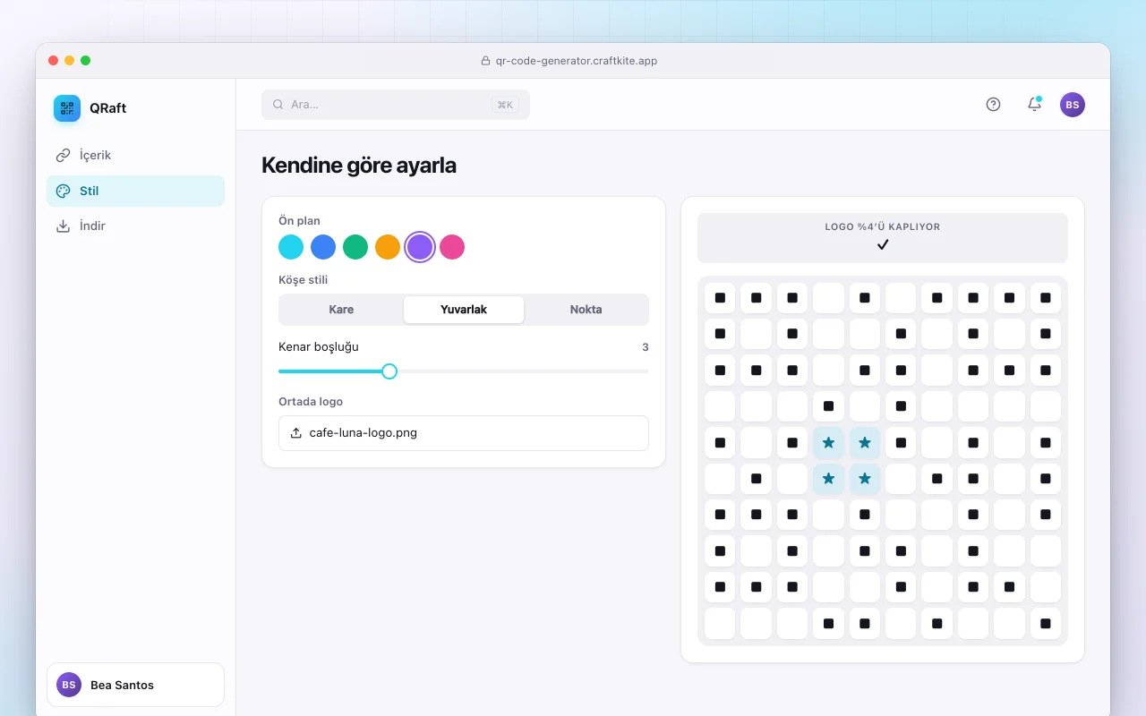 QR kod üretici: Kendine göre ayarla ekranı