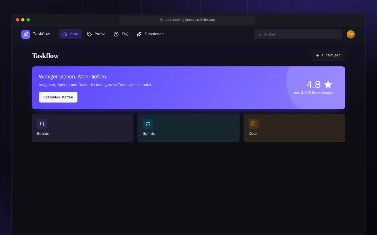 SaaS-Landingpage (HTML): der Bildschirm „Taskflow“