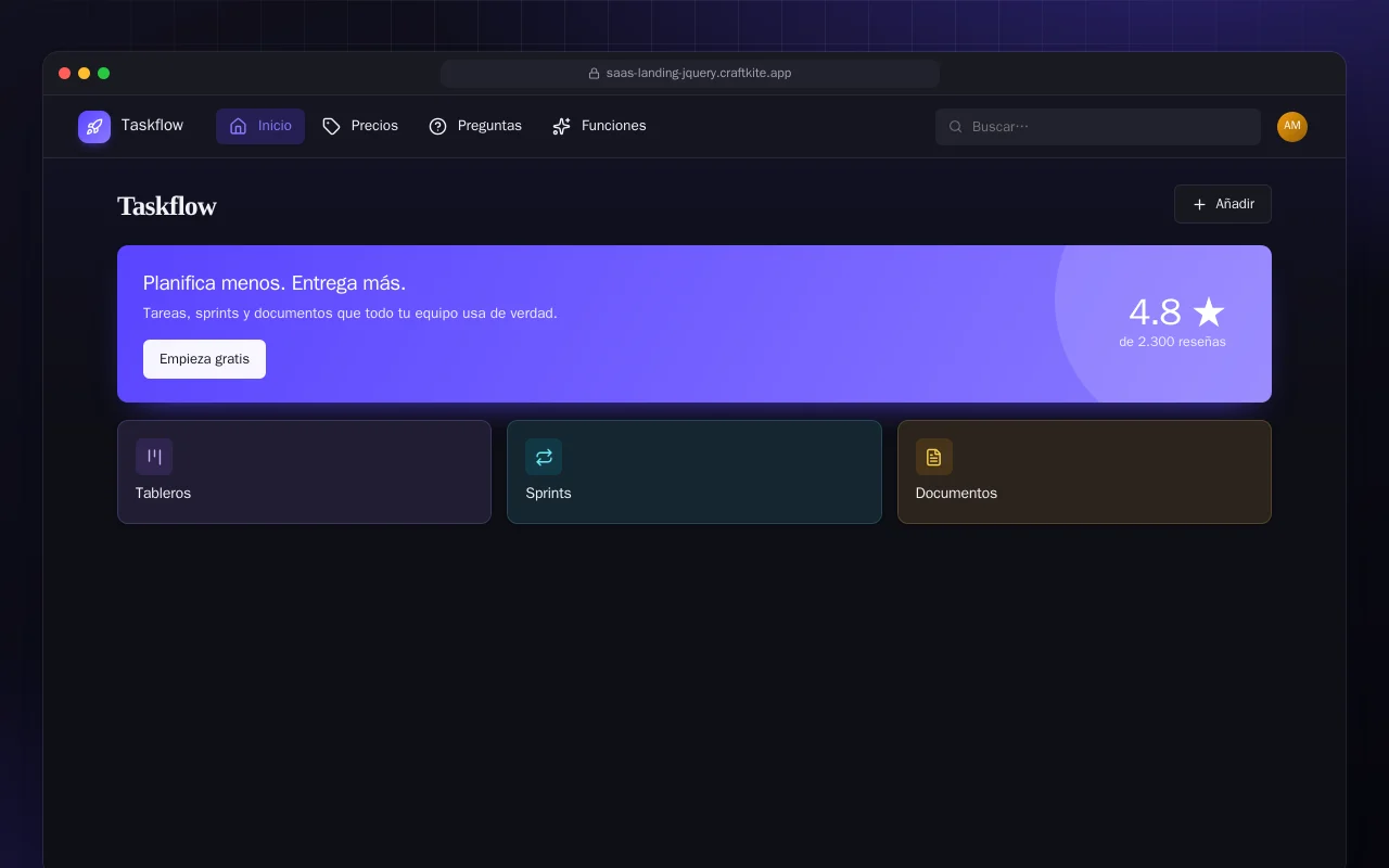 Landing de SaaS (HTML): la pantalla Taskflow