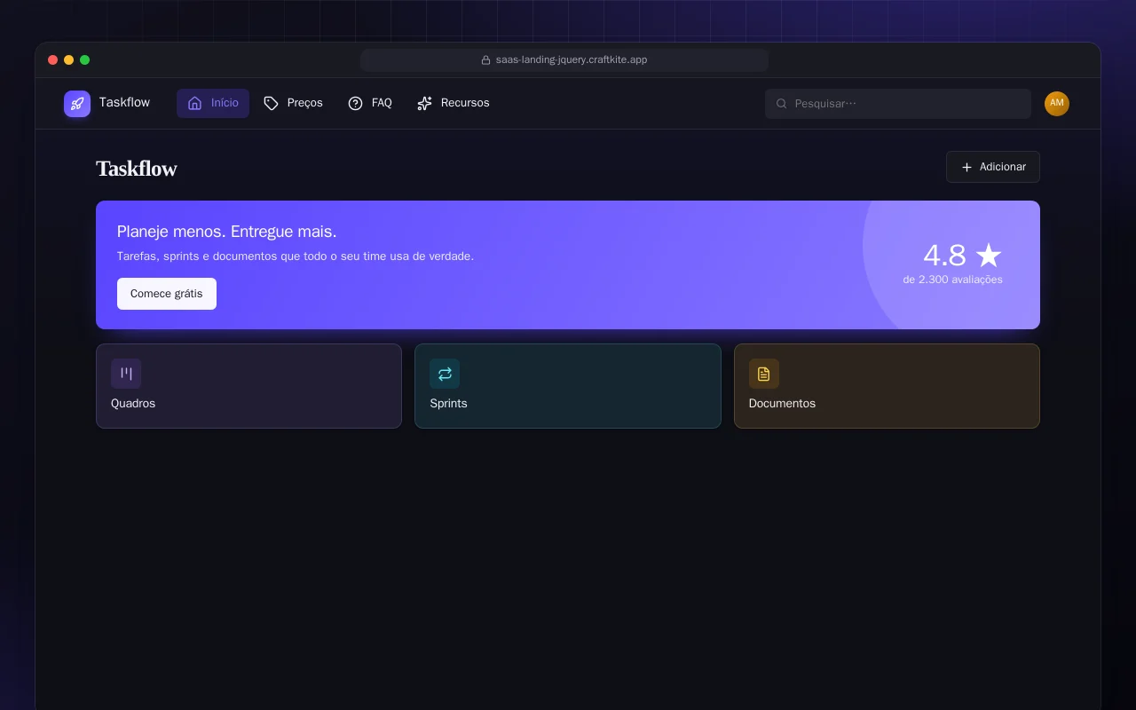 Landing page de SaaS (HTML): a tela Taskflow