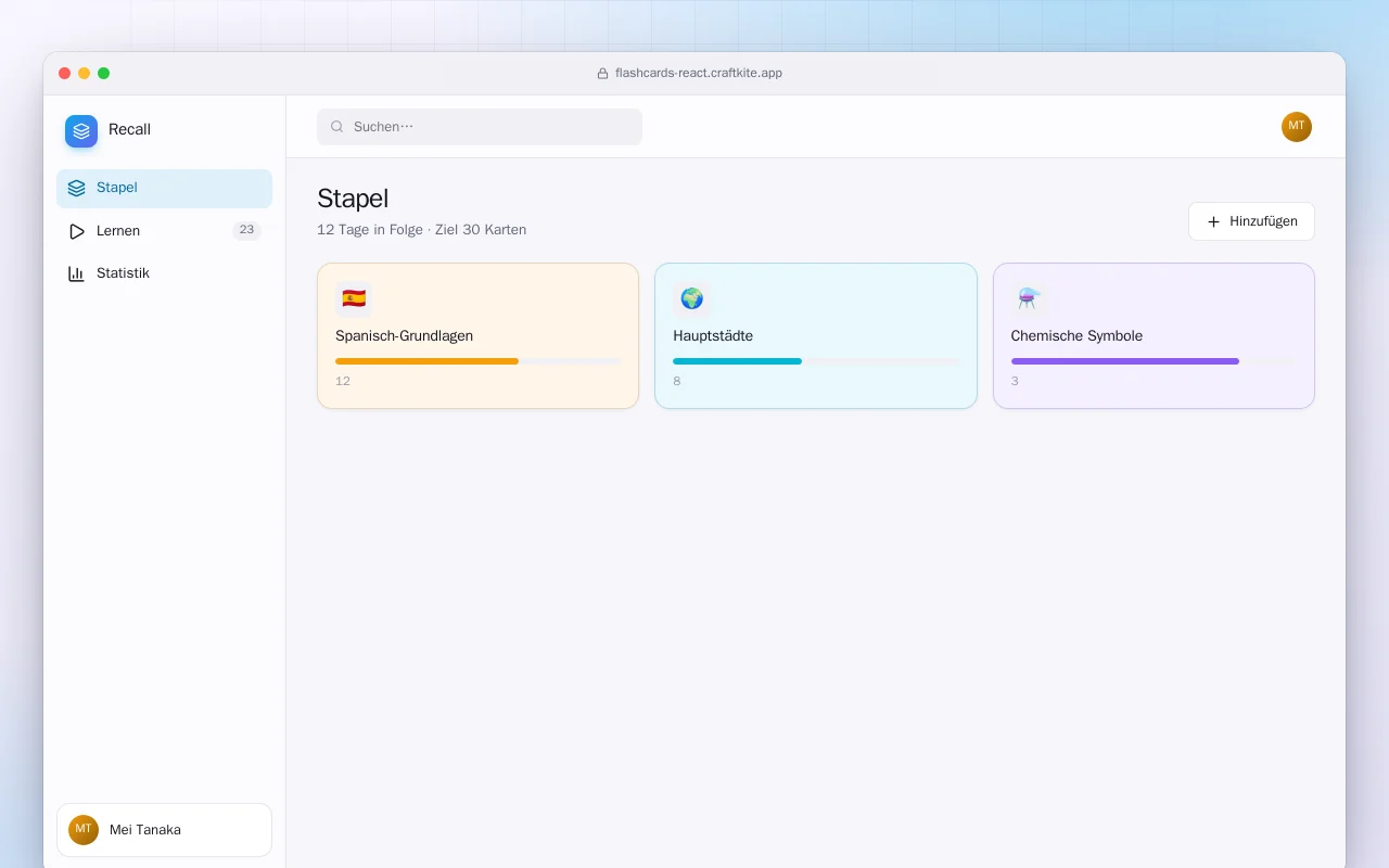 Karteikarten-Trainer (React): der Bildschirm „Stapel“