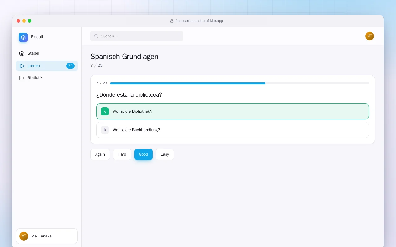 Karteikarten-Trainer (React): der Bildschirm „Spanisch-Grundlagen“