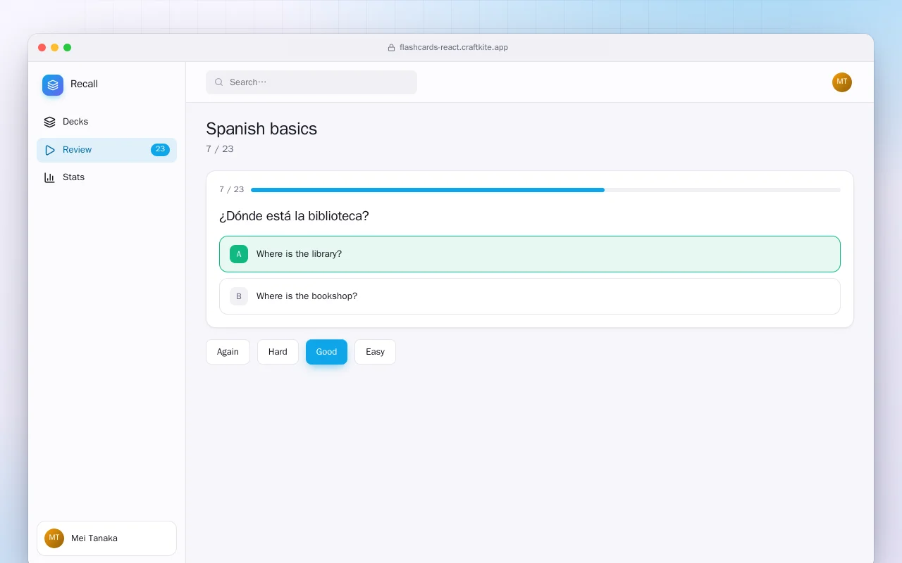 Flashcard Trainer (React): the Spanish basics screen