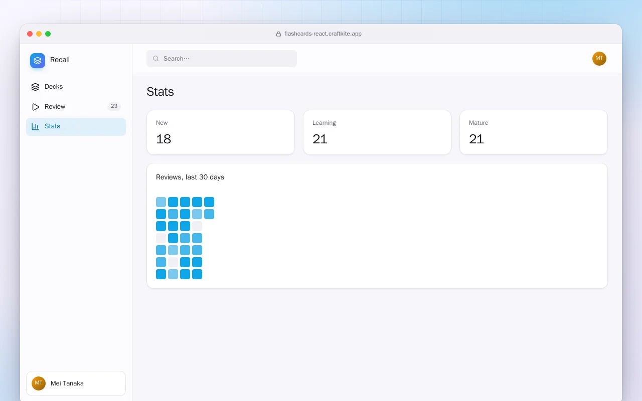 Flashcard Trainer (React): the Stats screen